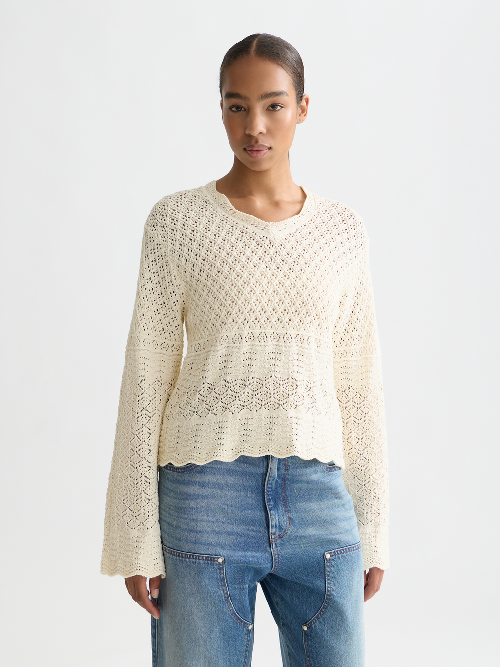 Pointelle stitch V-neck pullover