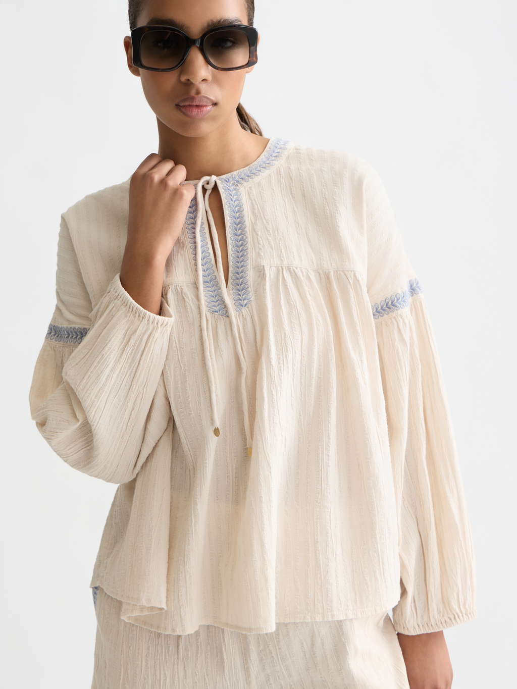 Embroidered cotton crepe blouse