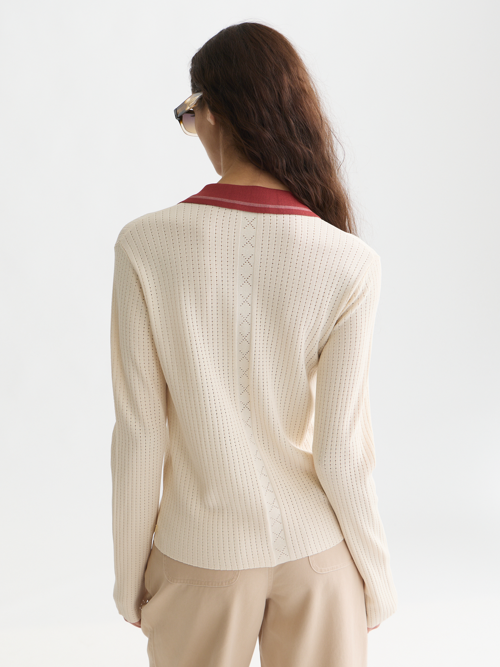 Pointelle knitted polo-neck cardigan