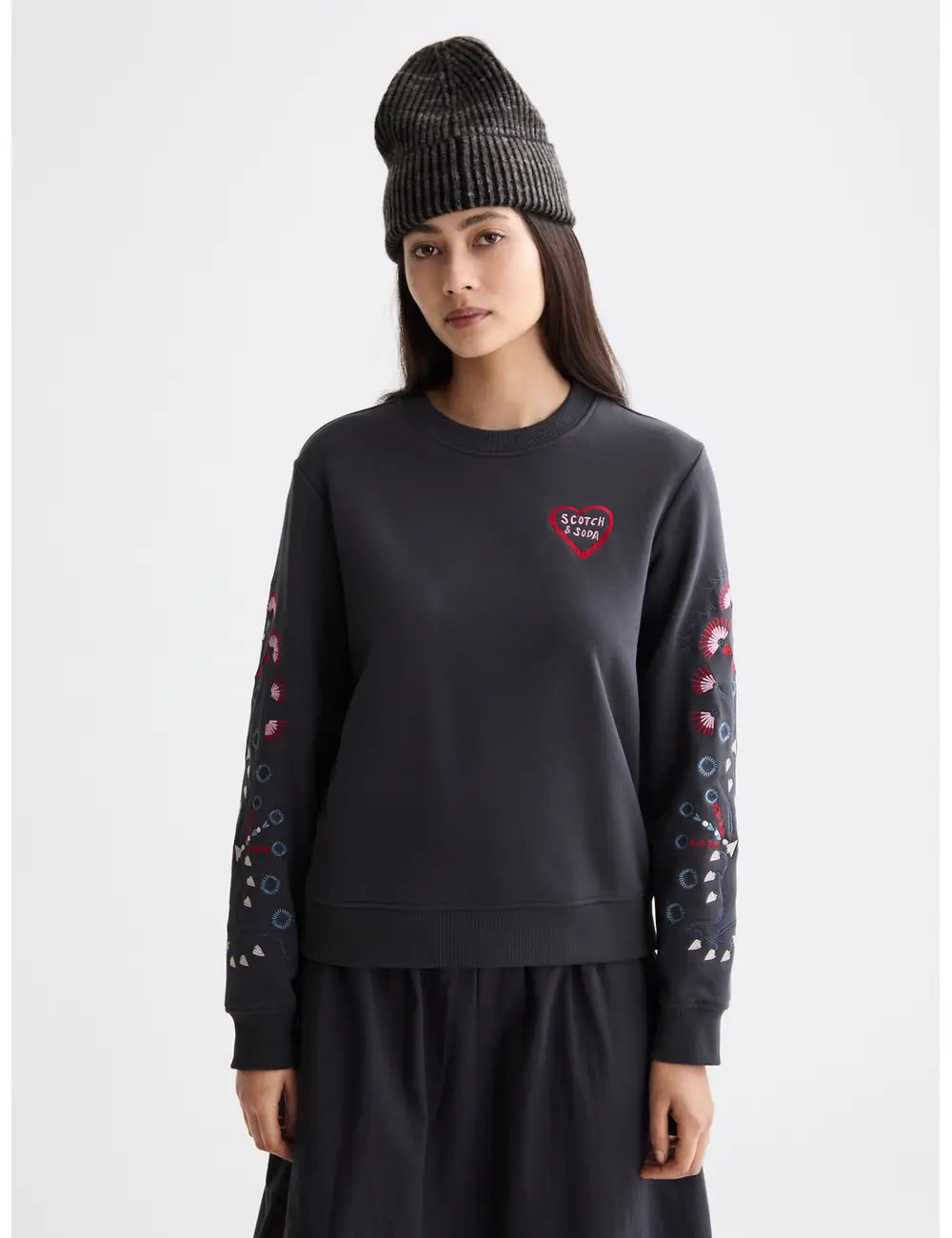 Embroidered Sweatshirt close-up on model showing fit and detail by Scotch & Soda