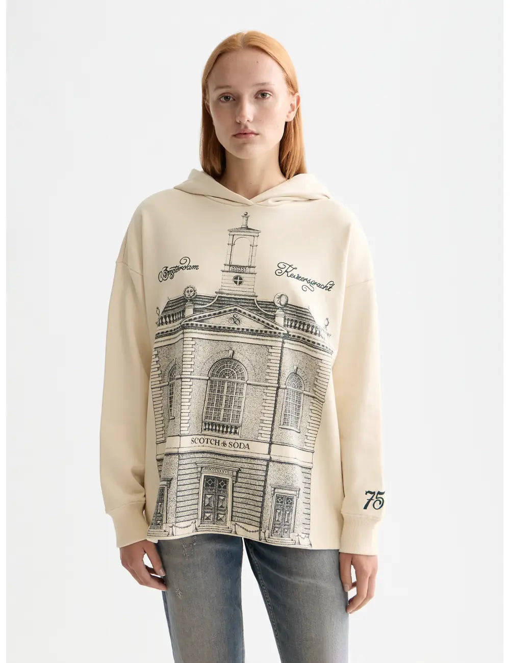 750 Years Hoodie close-up on model showing fit and detail by Scotch & Soda