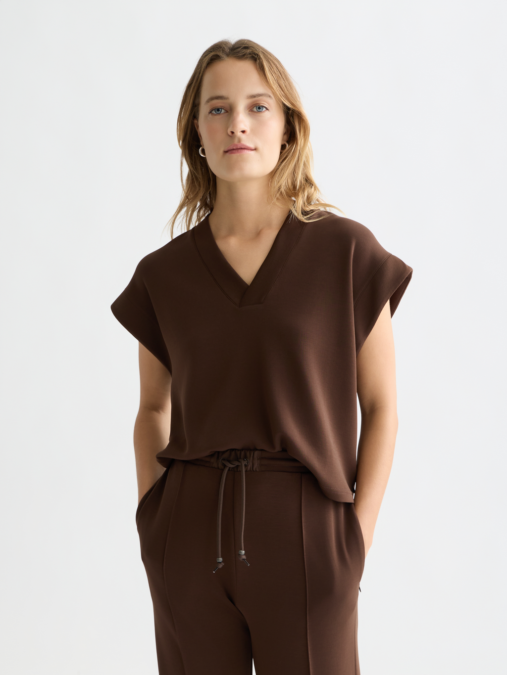 Tencel V-neck short sleeve sweatshirt