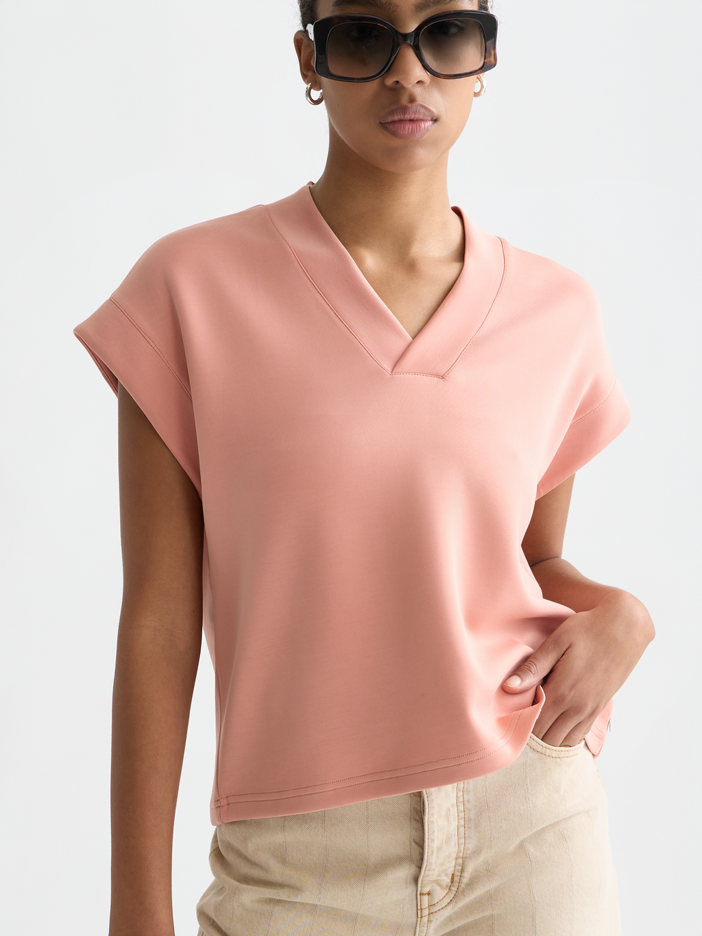 Tencel V-neck short sleeve sweatshirt