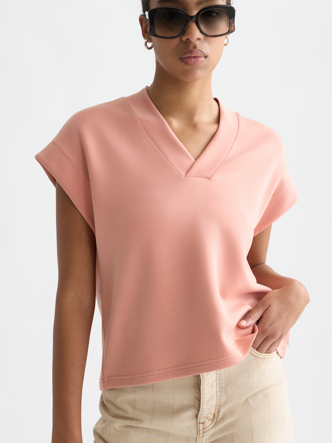 Tencel V-neck short sleeve sweatshirt