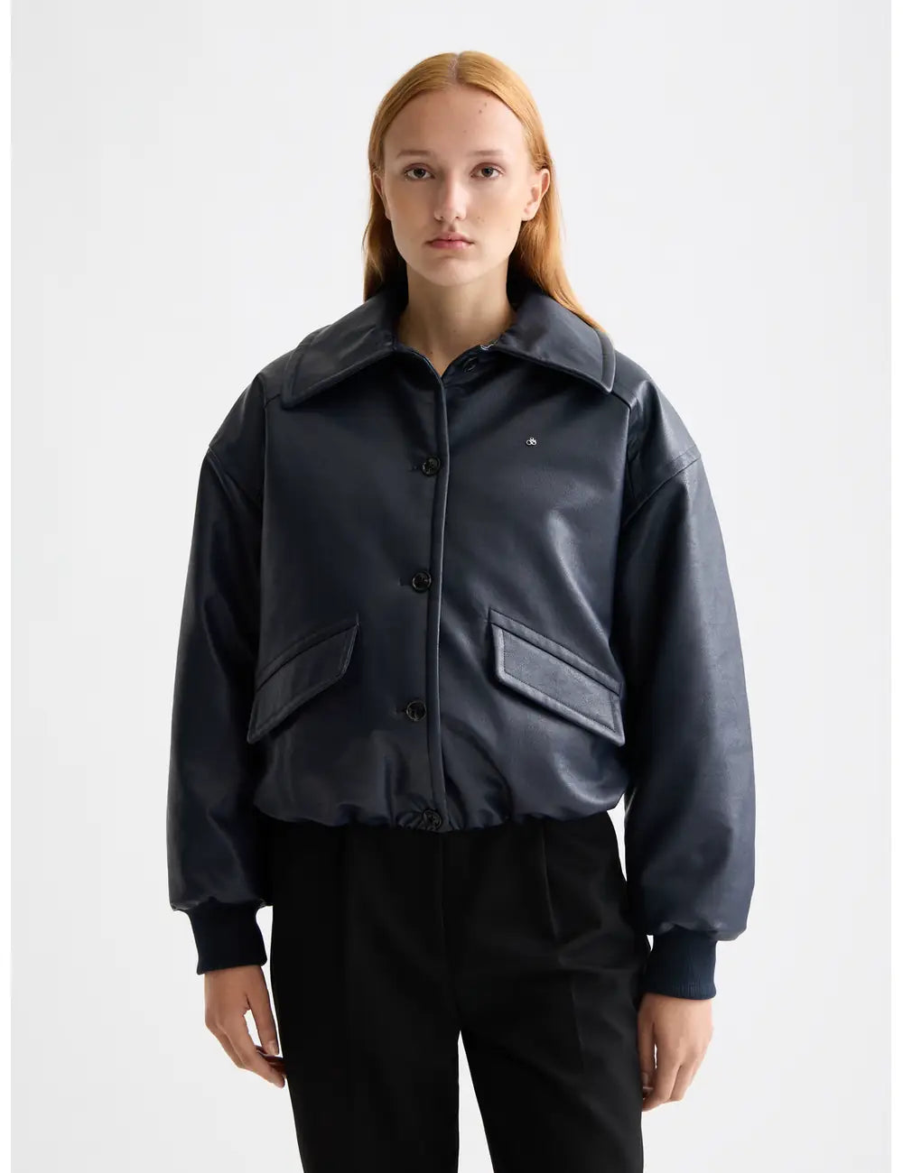 Faux Leather Bomber close-up on model showing fit and detail by Scotch & Soda