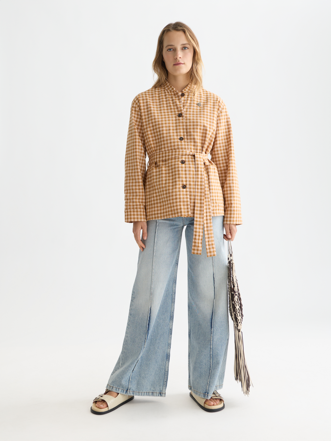 Linen blend gingham belted blazer
