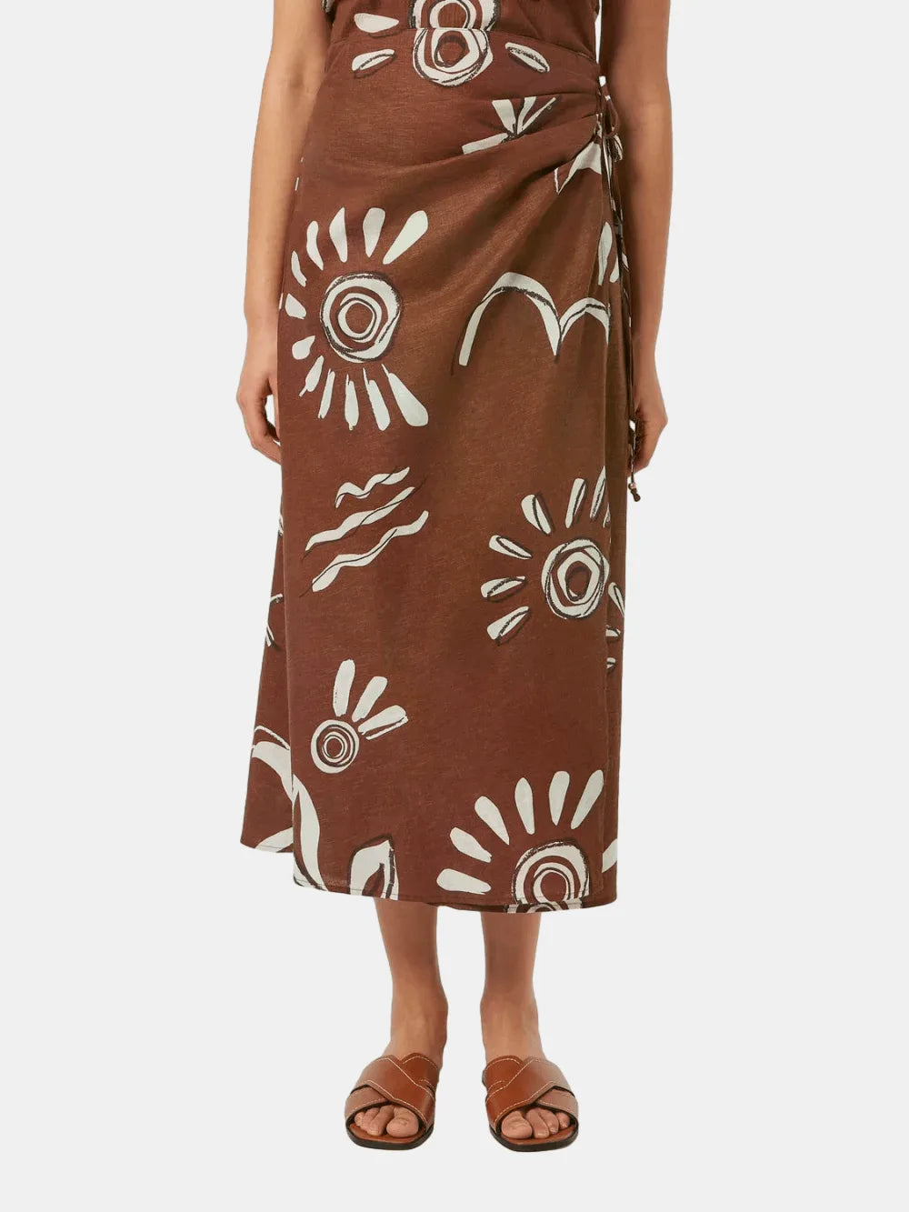 Linen Blend Printed Wrap Skirt (Open Brown) detail shot of fabric and craftsmanship by Scotch & Soda