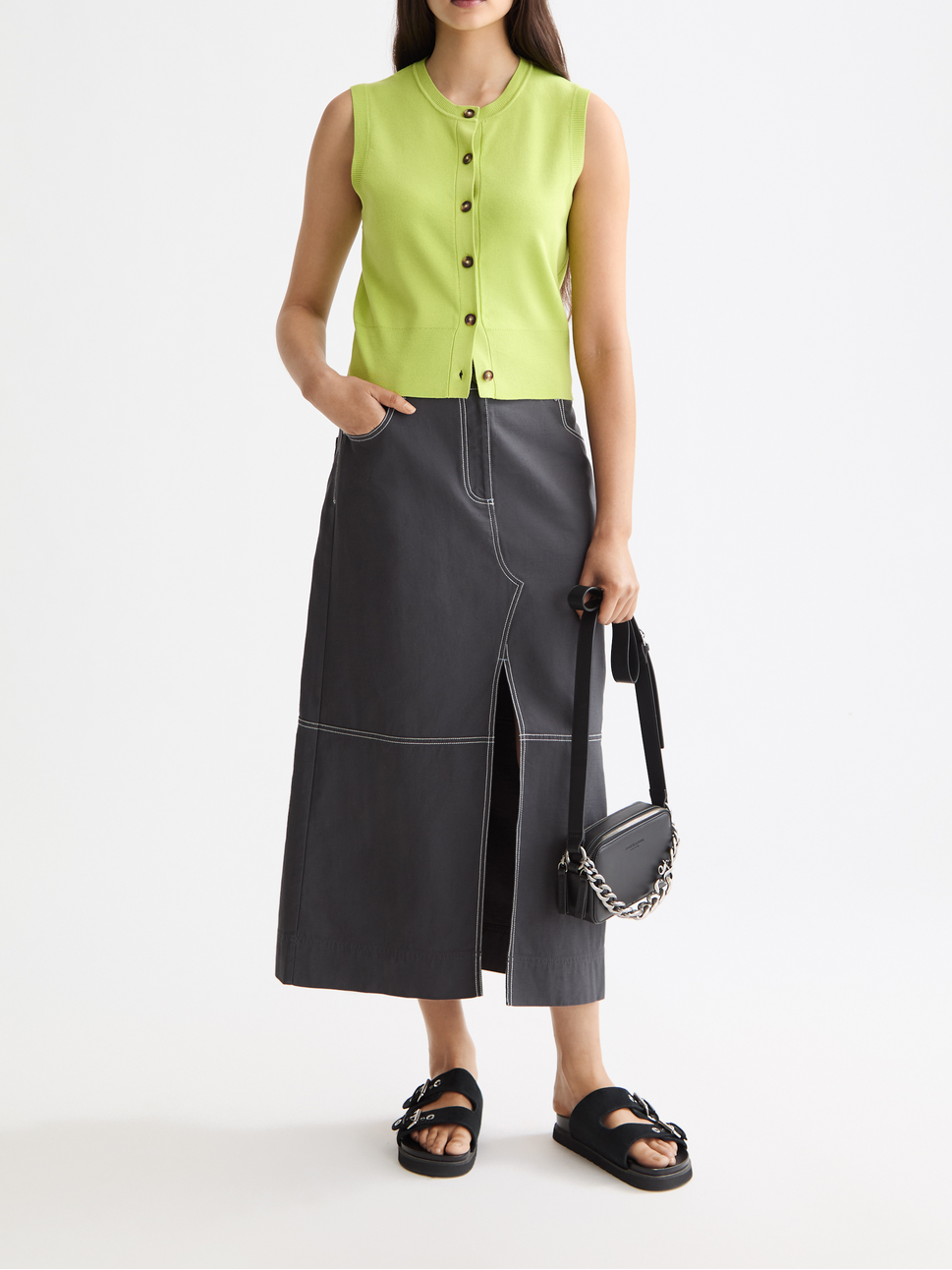 Workwear midi skirt with front slit