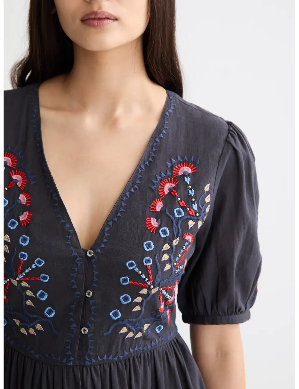 Embroidered Maxi Dress close-up on model showing fit and detail by Scotch & Soda
