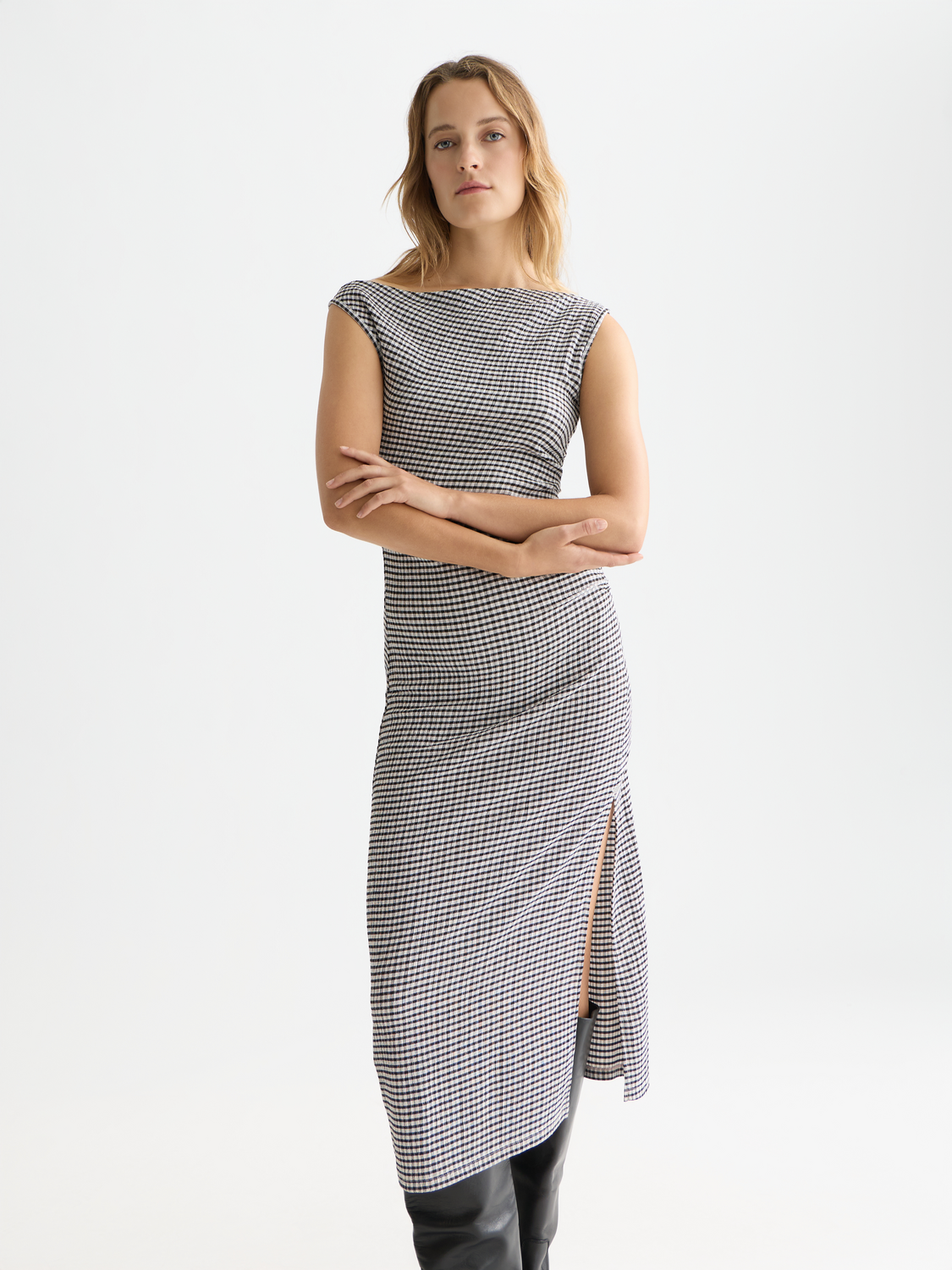 Structured gingham midi dress