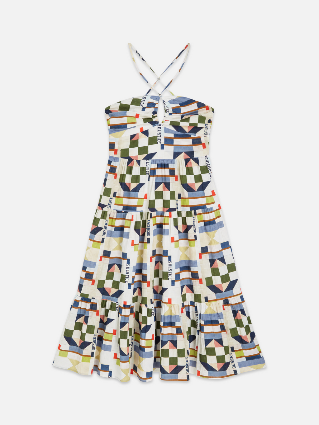 Cotton seersucker keyhole halter midi dress
