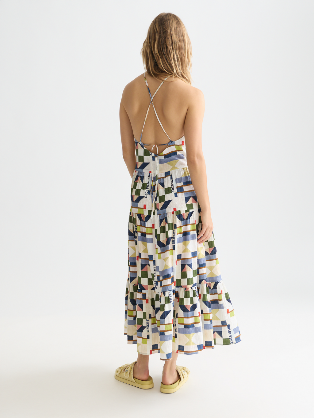 Cotton seersucker keyhole halter midi dress