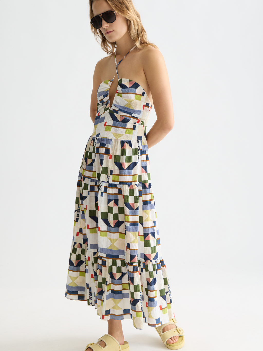 Cotton seersucker keyhole halter midi dress