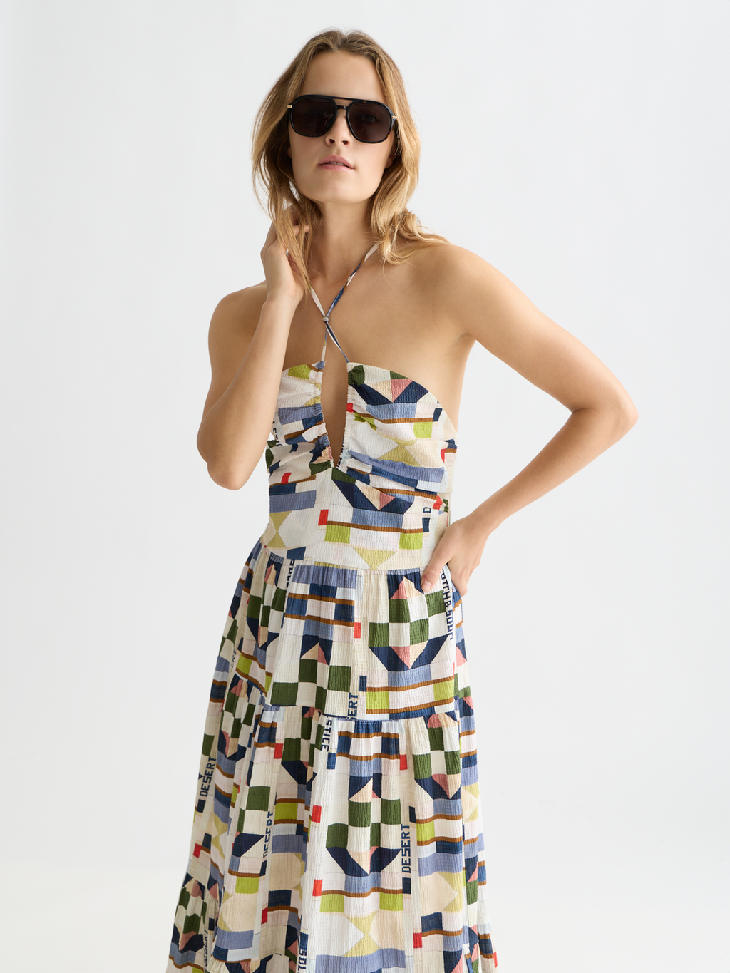 Cotton seersucker keyhole halter midi dress