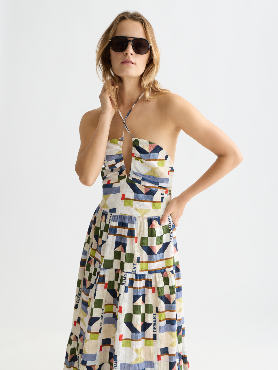 Cotton seersucker keyhole halter midi dress