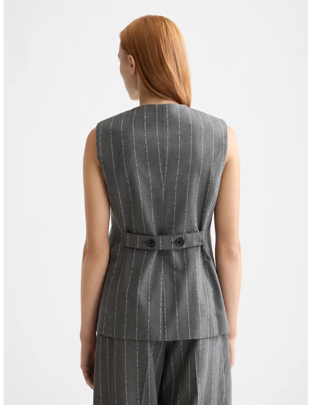 Pinstripe Wide Leg Pant detail shot showing fabric and craftsmanship by Scotch & Soda