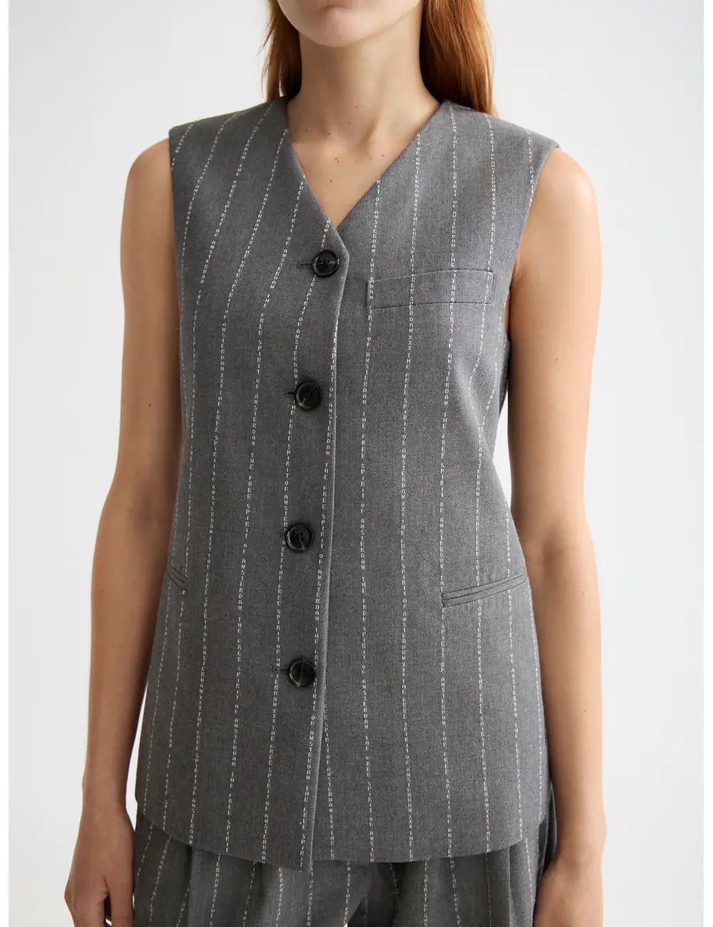 Pinstripe Wide Leg Pant close-up on model showing fit and detail by Scotch & Soda