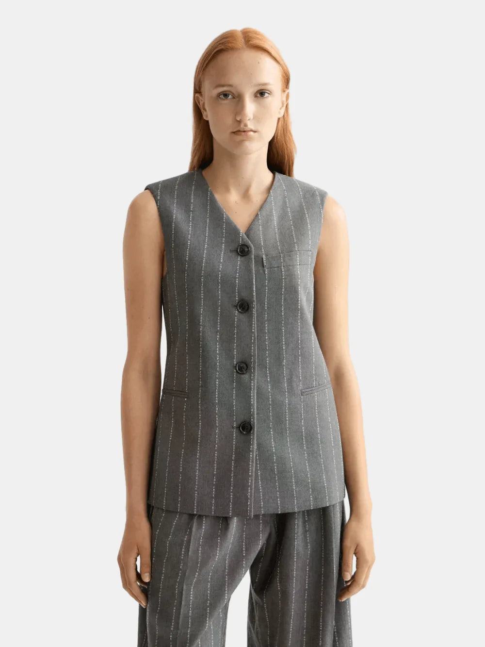 quinn-pinstripe-mid-rise-pleat-front-wide-leg-pant side view by Scotch & Soda