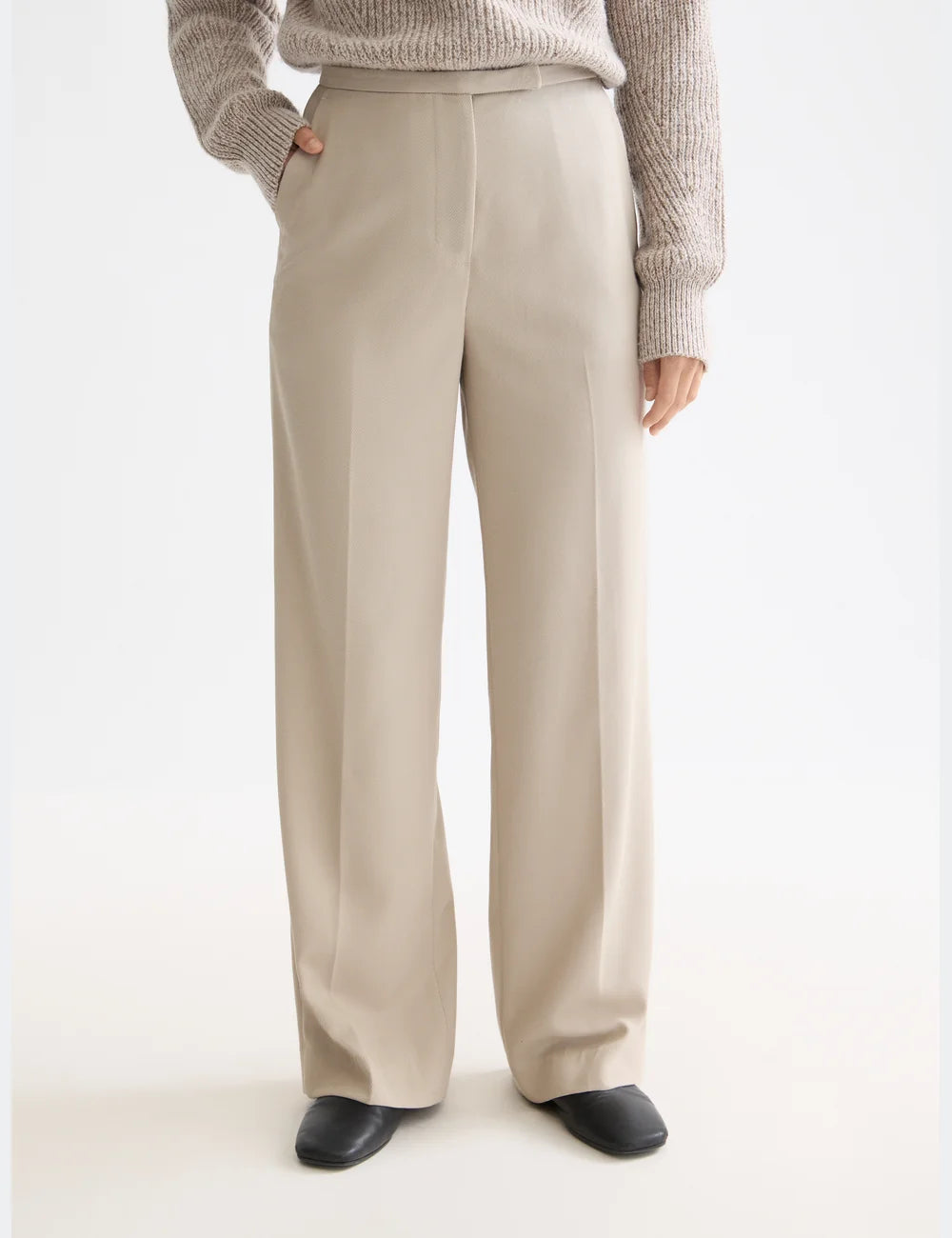 Wide Leg Gabardine Pant close-up on model showing fit and detail by Scotch & Soda