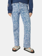 Sky High Rise Straight Jeans — Abstract Floral (University Gold) detail shot of fabric and craftsmanship by Scotch &...