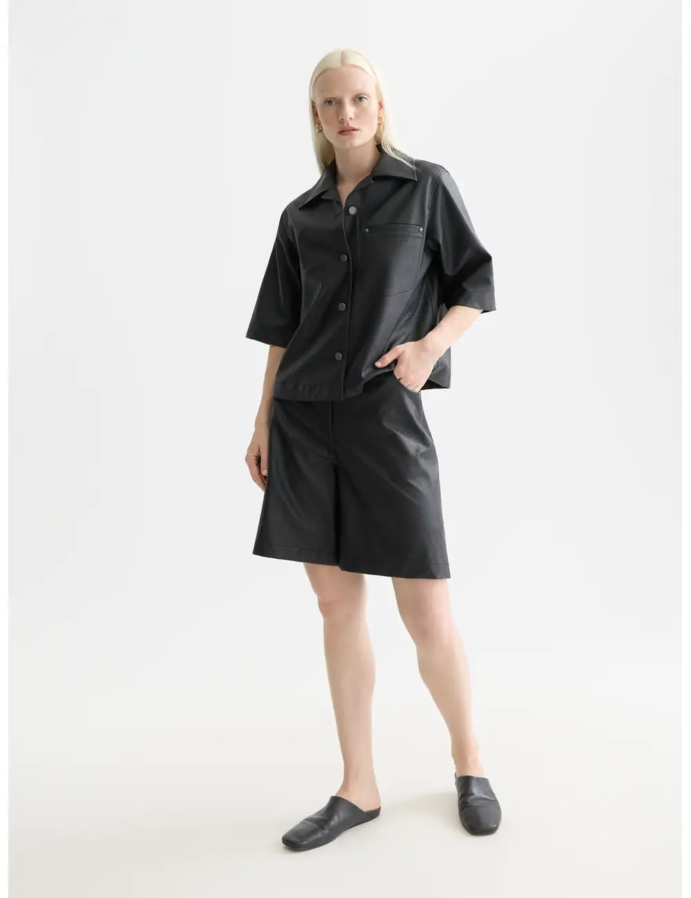 High Rise Faux Leather Short full model shot showing overall fit and styling by Scotch & Soda